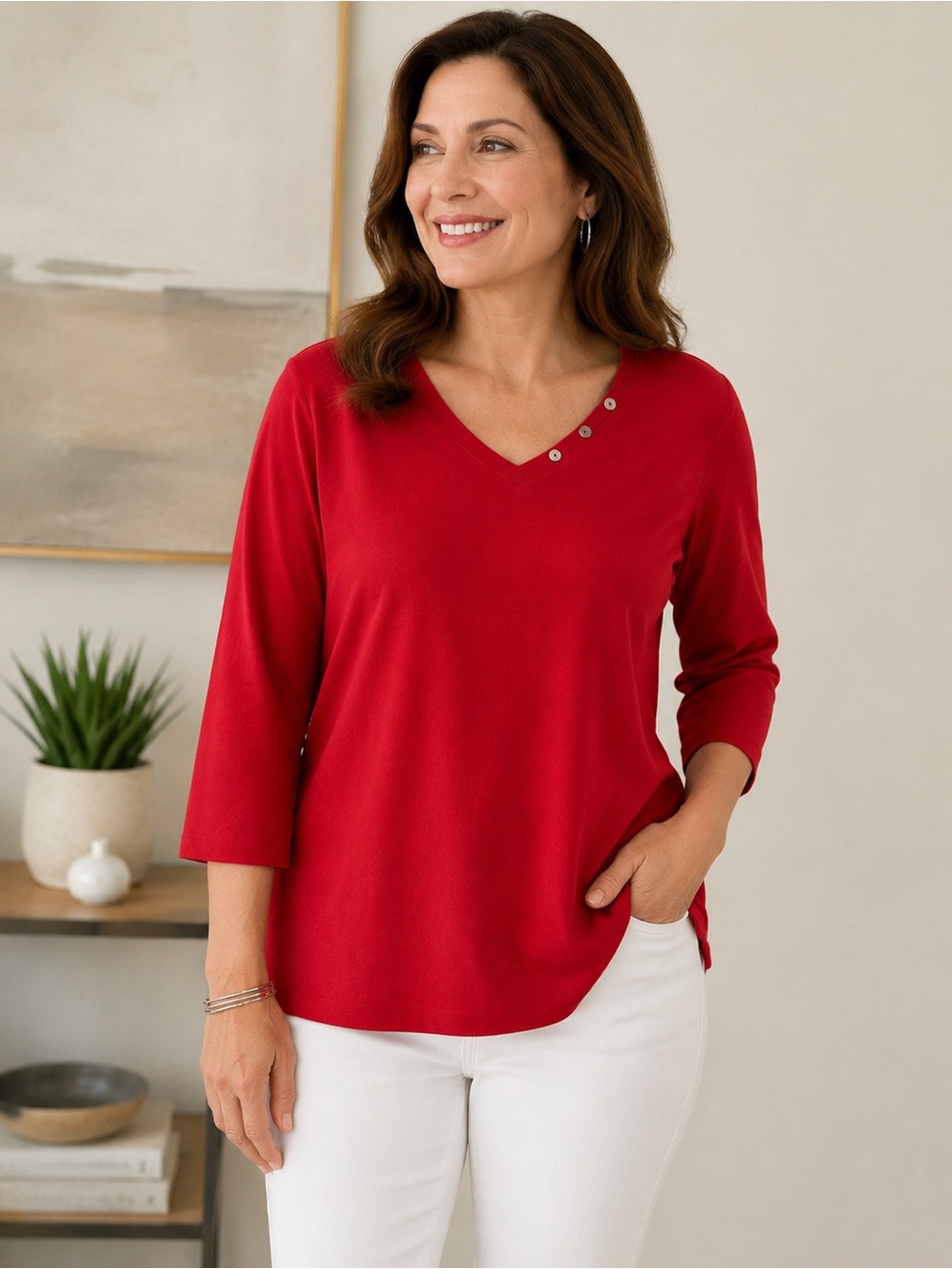 Chico’s Red V-Neck 3/4 Sleeve Cotton Top Size 3 XL Button Detail